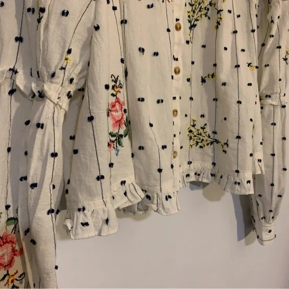 Anthropologie’s PILCRO Embroidered Floral Polka Dot Blouse - White & Pink Sz XL - Picture 4 of 6